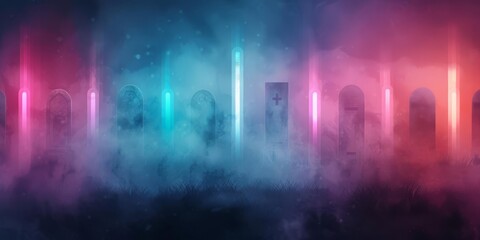Fototapeta premium Mysterious neon lights and doors in foggy atmosphere. Futuristic, surreal scene with vibrant colors and moody ambiance. Perfect for sci-fi themes.
