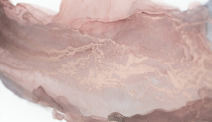 Close-up of an abstract art piece featuring swirls of dusty rose and white ink