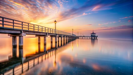 Fototapeta premium Serene dawn scene of empty pier stretching into calm Ostsee waters, surrounded by misty morning atmosphere on Usedom Island.