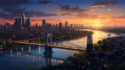 Fototapeta premium Panoramic view of a fictional city at sunset.