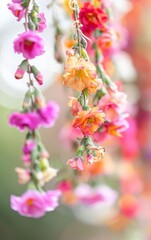 Garland hanging in a yard, detailed macro shot, vibrant hues, serene natural interaction