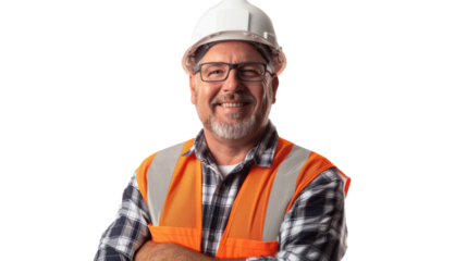 A man wearing a hard hat and safety vest is smiling for the camera