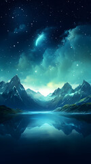 digital cyan blue night mountains and stars design graphics poster mobile phone background