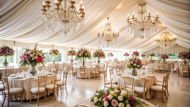 Elegant marquee interior with lavish decorations, floor plan, and wedding supplies awaiting the bride's grand entrance, exuding luxury and sophistication.