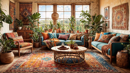 A bohemian style living room, perfect as wallpaper or background illustration for a bestselling home decor book.