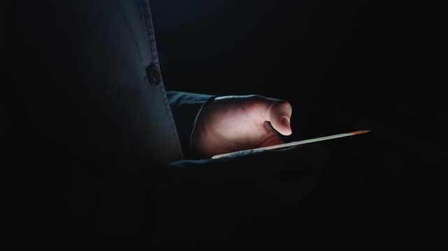 Young adult unrecognizable man in a business suit using a smartphone in the dark. The light from the screen only illuminates the fingers and part of the suit. Close up. Side view on the left