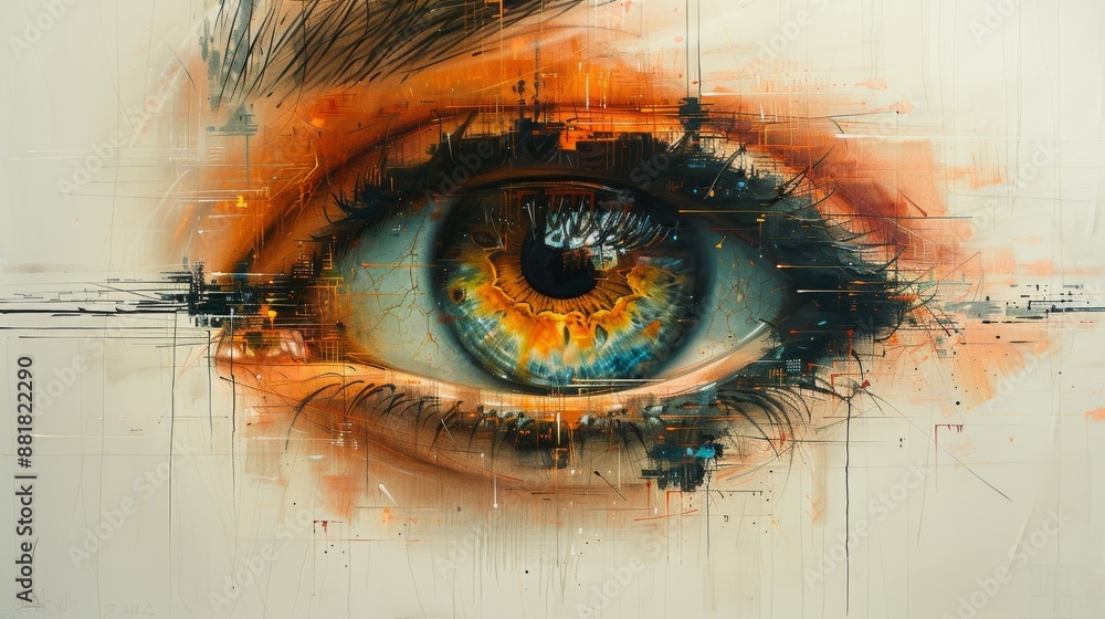 Poster eye filled with futuristic graphics symbolizing artificial intelligence and technology, blending dig