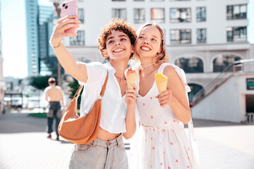 Two young beautiful smiling hipster female in trendy summer clothes. Carefree women posing on street background. Positive models eating tasty ice cream in waffles cone in sunny day. Take selfie