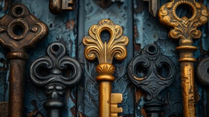Golden key is standing out from a group of antique keys on a blue rustic wooden background. The image evokes mystery and secrets