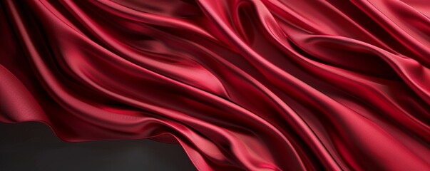 Fototapeta premium Luxurious red silk fabric flowing on a black background, creating elegant waves and folds. Perfect for adding a touch of sophistication and glamour to any design project