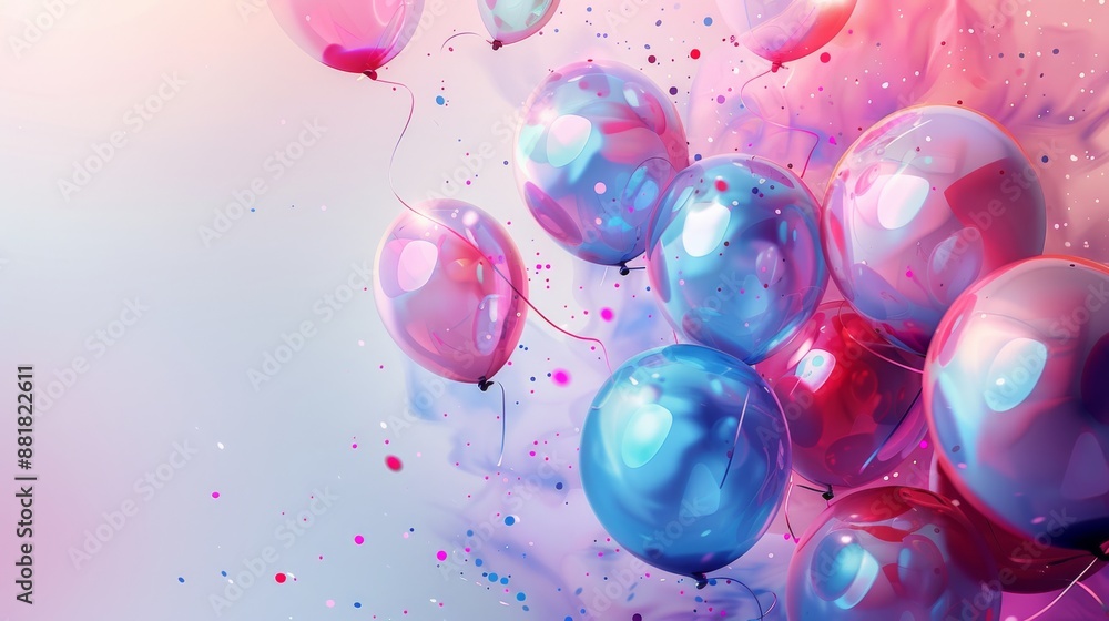 Poster shiny balloons floating on a soft pastel background with confetti, creating a festive atmosphere per