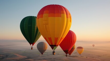 Obraz premium Cluster of bright and colorful hot air balloons rising above a misty, expansive field at sunrise, highlighting a sense of adventure, exploration, and peaceful serenity.