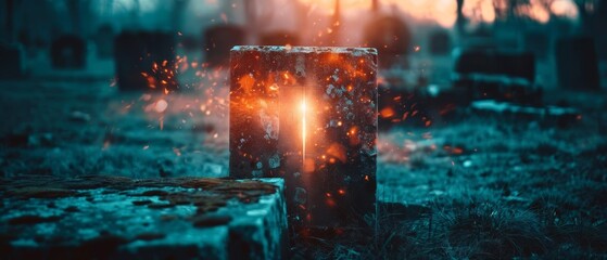 Mystical glowing cross in a dark, foggy graveyard, symbolizing light and hope amidst the surrounding eerie atmosphere.