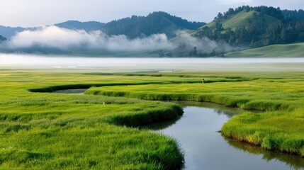 The image boasts a vibrant green meadow with a meandering stream crossing through, enveloped by soft rolling hills and a foggy backdrop, presenting a tranquil and fresh rural scene.