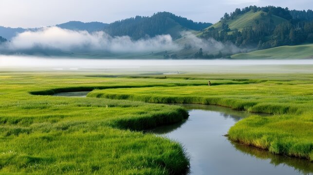 The image boasts a vibrant green meadow with a meandering stream crossing through, enveloped by soft rolling hills and a foggy backdrop, presenting a tranquil and fresh rural scene.