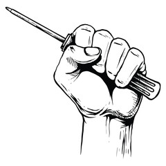 Hands clenched Hand holding screwdriver Detailed hand drawn engraving