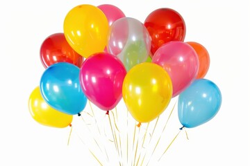 Bunch of helium-filled balloons in bright colors isolated on white background. The image showcases festive, colorful balloons perfect for celebrations