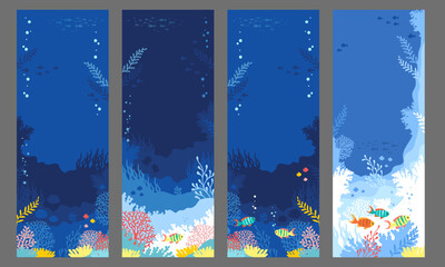 Hand drawn vector illustration of a coral reef. Set of vertical backgrounds in a blue palette colors for bookmarks, cards, invitation