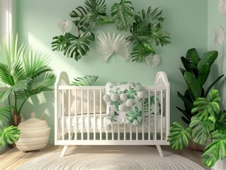 Lush greenery in a nursery, intricate details, vibrant hues, serene and dynamic nature