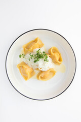 Ravioli with salmon on a white plate. Copy space. Isolated object. Top view.