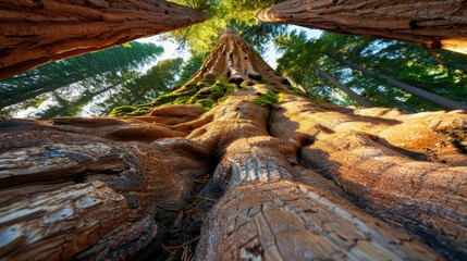 A dramatic perspective captures the view from the base of a colossal sequoia tree, with an upward angle showing the trunk, roots, and branches reaching towards the sky.