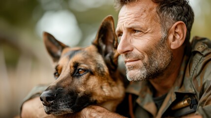 A contemplative man with grey hair and a camouflage jacket shares a quiet, serene moment with his loyal dog outdoors, emphasizing their strong bond and mutual contentment.