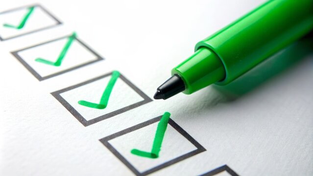 A close-up shot of a checklist with a marker lying next to it on a plain white background, focus on success.