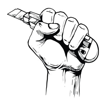 hand holding utility knife, black and white clip art preview
