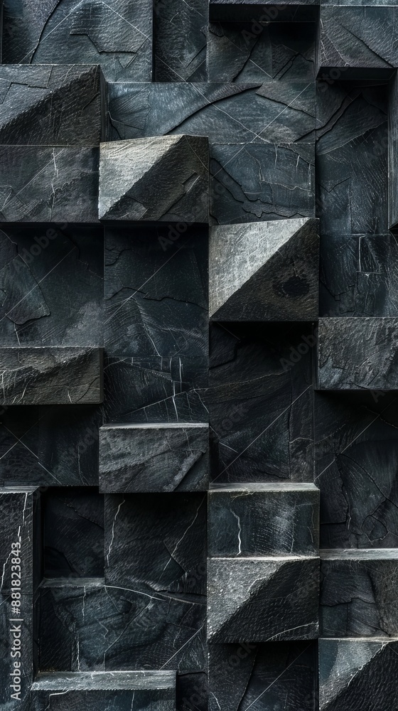 Poster modern black stone wall forming an abstract geometric pattern with different shapes, creating a dark