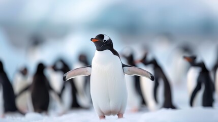 Obraz premium A penguin extends its wings, standing majestically in the snowy expanse, exemplifying the freedom and majesty of Antarctic wildlife amidst the frozen landscape.