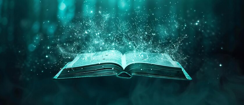 Open book with magical glowing particles against a dark mystical background, symbolizing knowledge, mystery, and fantasy.