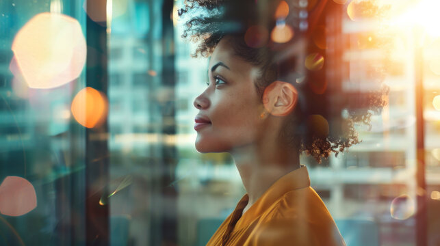 Portrait of a curly-haired woman in casual clothes standing by a large window in a bright office. A beautiful African American woman works in a modern office and enjoys the view from the window.