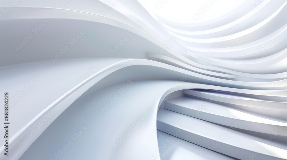 Poster abstract architecture background featuring smooth white shapes forming a curved staircase, bathed in