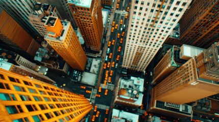 Dynamic aerial view of a bustling street filled with numerous yellow taxis, all captured amidst towering skyscrapers, encapsulating the lively and energetic atmosphere of urban life.