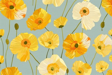 Seamless pattern with flowers and leaves. Hand drawn background. Floral pattern for wallpaper, fabric, textile, fashion, print, Elegant Poppy Blossoms, Sky Blue and Mustard Yellow