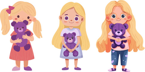 Cute little blonde girl with pigtails holding a teddy bear in her hands, flat vector illustration on white background,