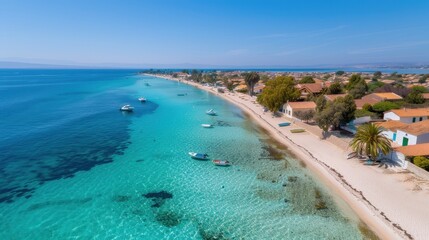This image captures a stunning sunny beach with crystal-clear turquoise waters and boats drifting, lined with charming houses and lush greenery providing a tropical ambiance.