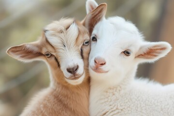 Obraz premium Baby goats, kids, snuggling together. Adorable livestock newborns. Cute animals in a meadow playing in the sunlight.