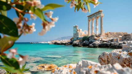 A historic temple's stone ruins sit next to turquoise waters under a bright blue sky with flowering branches in the foreground, capturing a blend of ancient architecture and natural beauty.
