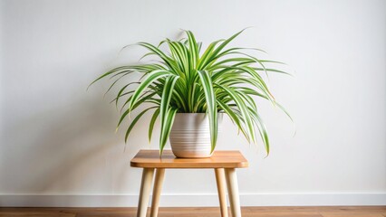 Fototapeta premium Sleek, modern space features a potted spider plant, Chlorophytum comosum, atop a wooden side table against a crisp white background.