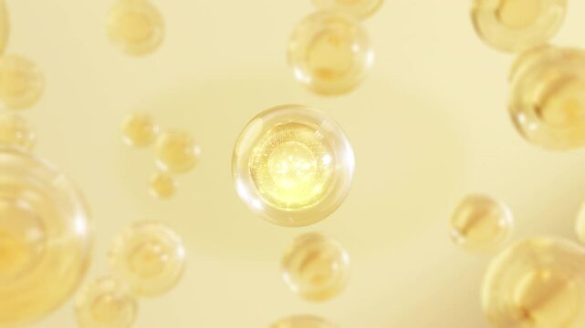 Drops of moisture of many atoms float in cosmetics. Design of collagen bubbles. Concept for Moisturizing Cream and Serum. Vitamins for beauty and health