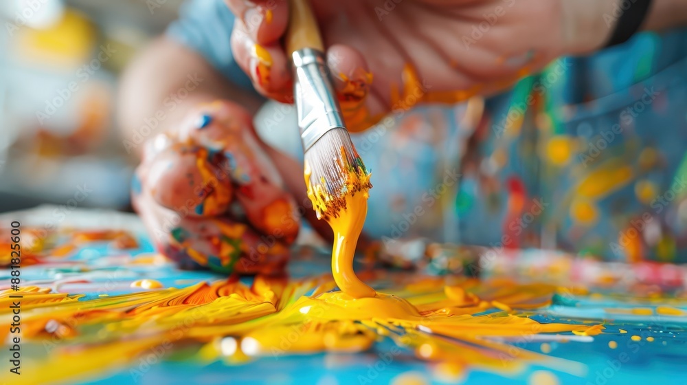 Poster a close-up view of a painter holding a brush applying vibrant yellow paint on a canvas, capturing th