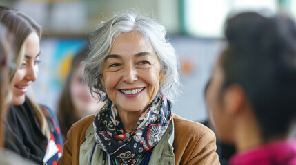 Obraz premium Mature woman with silver hair portrait amongst a professional gathering at some educational workshop