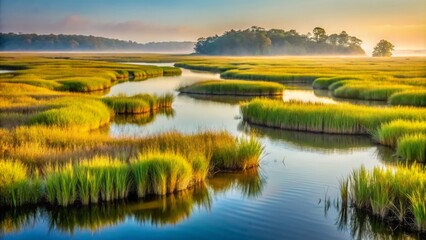 Serene misty morning landscape of tangled salt marsh cordgrass and winding waterways in Beaufort South Carolina's coastal wetlands.