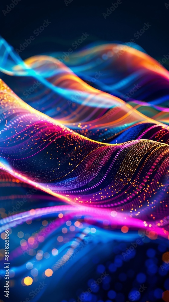 Poster flowing abstract wave in cyberspace with glowing points, showcasing big data visualization and techn