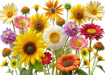 Garden Flowers-Common Garden flowers like daisies, sunflowers, and marigolds on a transparent background. 