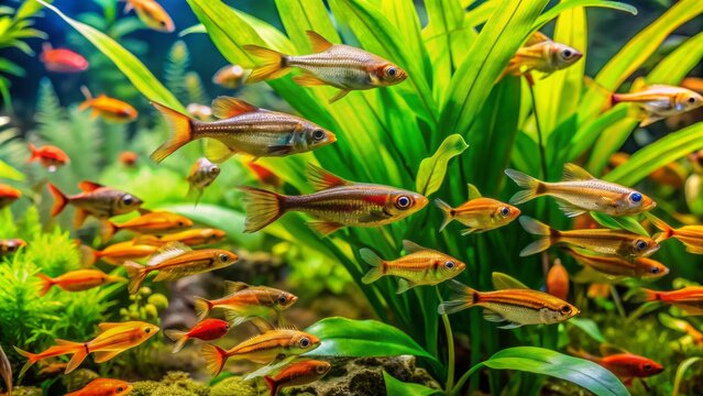 Vibrant green glossostigma elatinoides and amber leaf surround schooling longtail barb Pethia conchonius in a serene tropical freshwater aquarium setting.