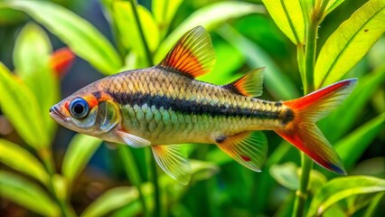 Vibrant longtail barb fry feeds on algae-covered Glossostigma Elatinoides leaves in a serene, well-maintained tropical freshwater aquarium tank setting.