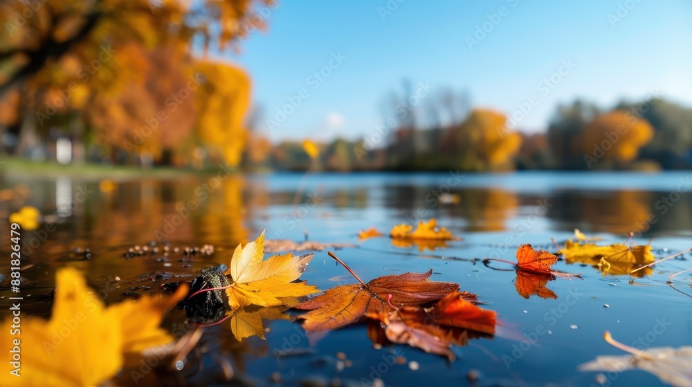 Poster brightly colored autumn leaves float gently on the surface of a serene lake with trees showing magni