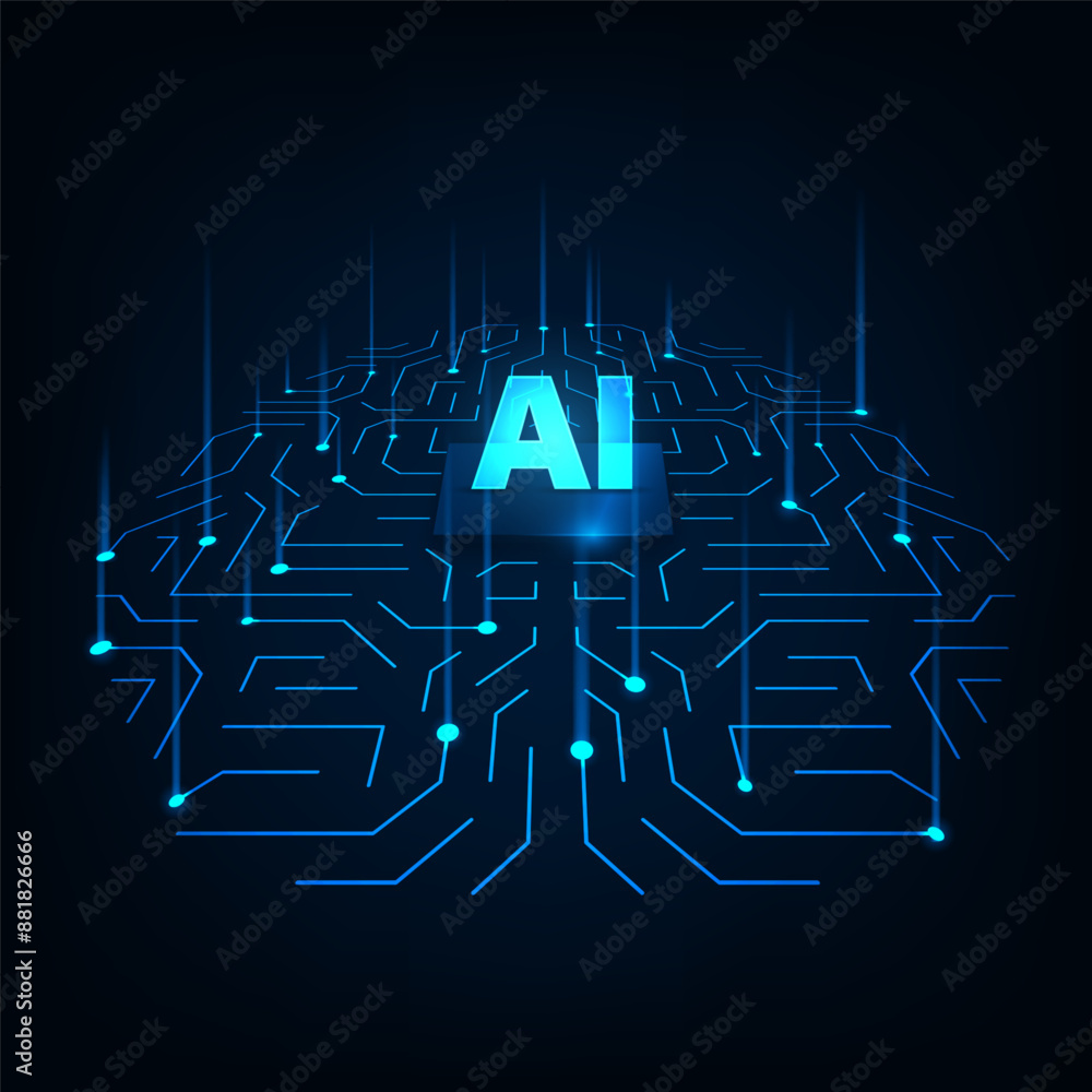 Aufkleber digital ai chip integral into abstract technology brain on dark blue background. circuit board tech.